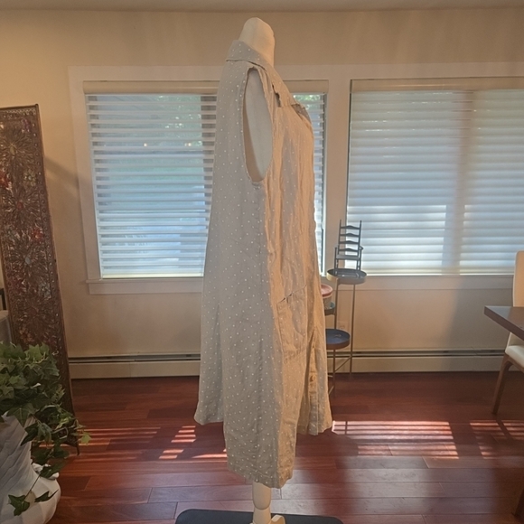 FLAX 100% Linen Lagenlook Sleeveless Polka Dot Shift Dress Gray White Medium - Picture 4 of 10